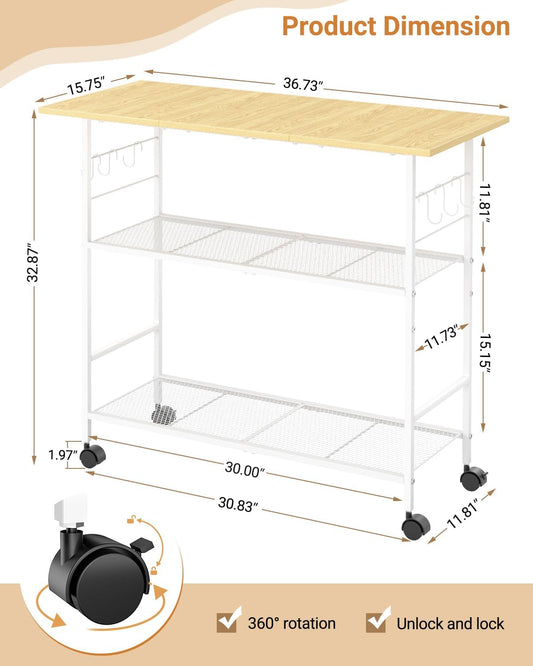 Kitchen Island with 3 Shelves, Rolling Kitchen Cart with 6 Hooks and Protective Shelf, Microwave Stand on Lockable Wheels, Bakers Rack Coffee Bar for Dining, Living Room, Outdoor, Metal Frame, White