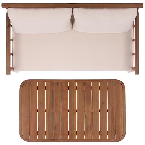 SAFAVIEH Outdoor Patio Furniture Collection - Cardori Teak & Cream Solid Wood Bench with Cushions and Coffee Table Set, 2-Piece Patio Seating Ensemble (PAT6808A)