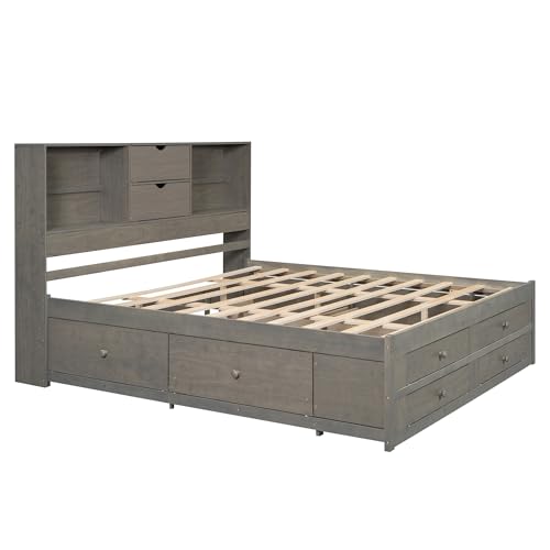 King Size Bed Frame with Storage Headboard and 8 Drawers, view 8