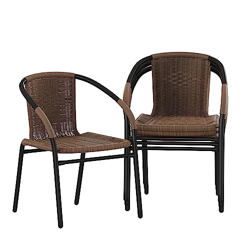 Lila Modern Rattan Indoor/Outdoor Stackable Dining Chairs, Stacking Rattan Bistro Chairs for Patio or Restaurant, Set of 4, Brown