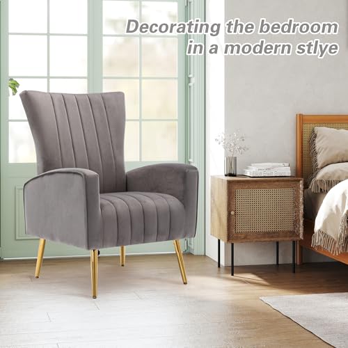 Velvet Accent Chairs Set of 1, Modern Fabric Upholstered Living Room Chairs Armchairs with Wing Back and Metal Legs, Grey