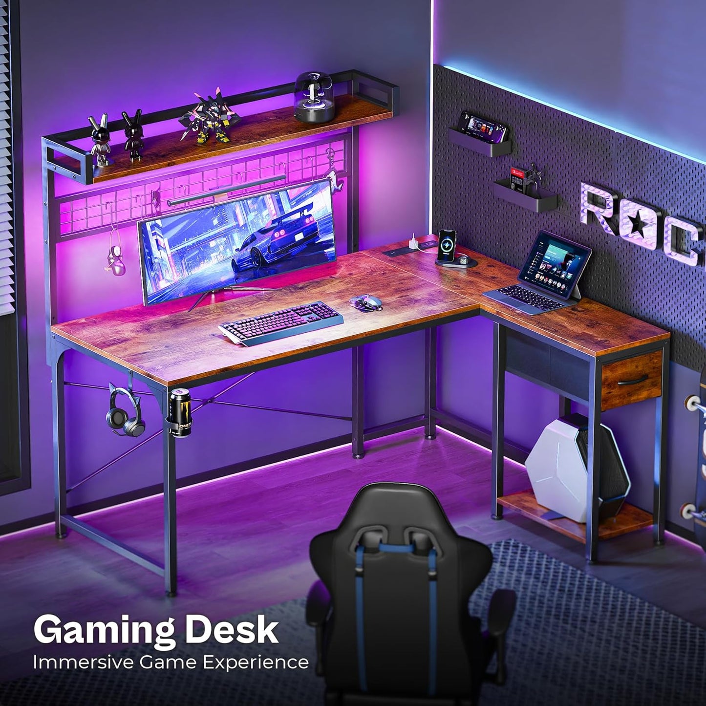 L Shaped Gaming Desk with Shelves, Corner Computer Table with LED Lights, Power Outlets and USB-C Ports, 50 Inch Reversible Home Office Desk with Storage Drawer, Work and Study, Rustic Brown