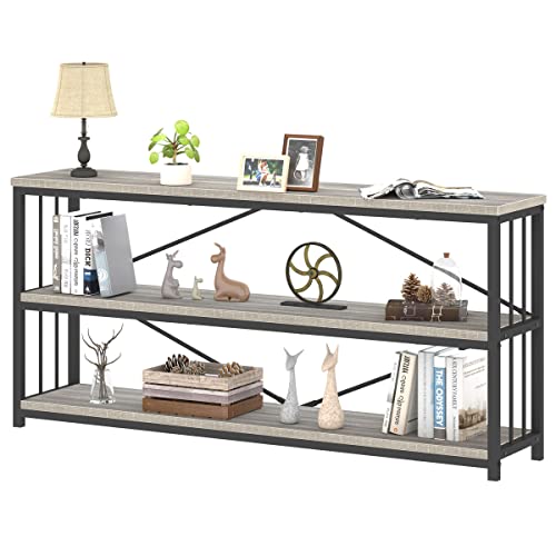 Low Long Horizontal Bookshelf, Industrial Modern 3 Tier Etagere Bookcase, Large Wide Open Rustic Metal and Wood Grey Book Shelf for Bedroom Living Room Home Office Storage, Light Grey Oak, 63 Inch