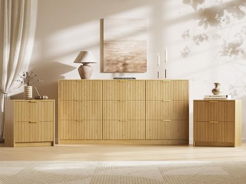 3-Piece Dresser Bedroom Set, 9 Drawer Dresser & 2 Drawer Nightstands with Gold Handles, Fluted Wood Chest of Drawers for Bedroom, Living Room, Entryway, Nature