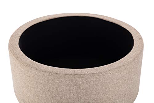 Classic 28-Inch Wide Button Tufted Round Storage Ottoman Footstool with Lift Off Lid, Light Brown Fabric