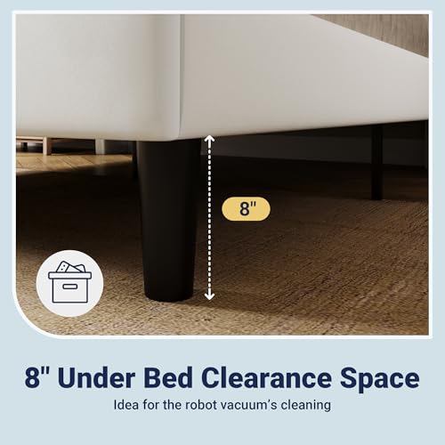 Queen Wood Bed Frame with Velvet Headboard, Storage, Strong Slats, White, view 7