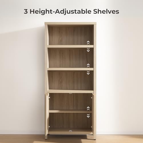 Bookcase 71" Tall Bookshelf 5 Tier Rattan Boho Bookcase with Doors Storage Large Book Case Shelf Farmhouse Bookshelves Library Book Shelves for Living Room Bedroom Home Office Kitchen