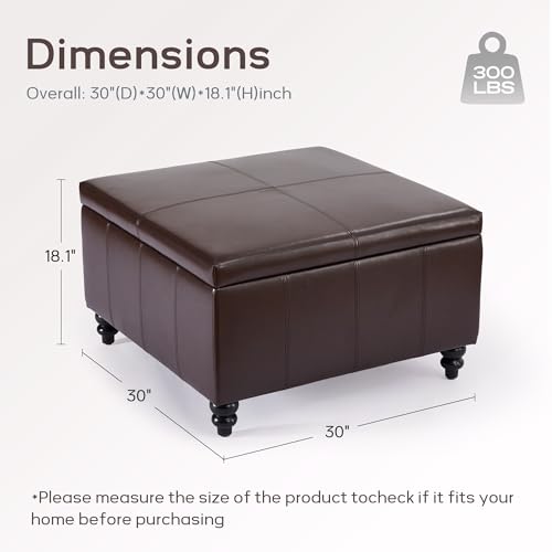 Square Leather Storage Ottoman,Ottoman Coffee Table with Storage for Living Room (Brown)