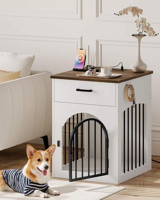 Dog Crate Furniture, Wooden Dog House with Charging Station and Storage Drawer, Indoor Pet Crate End Table for Small Breeds, for Living Room, Bedroom, White and Walnut MGW01UWL