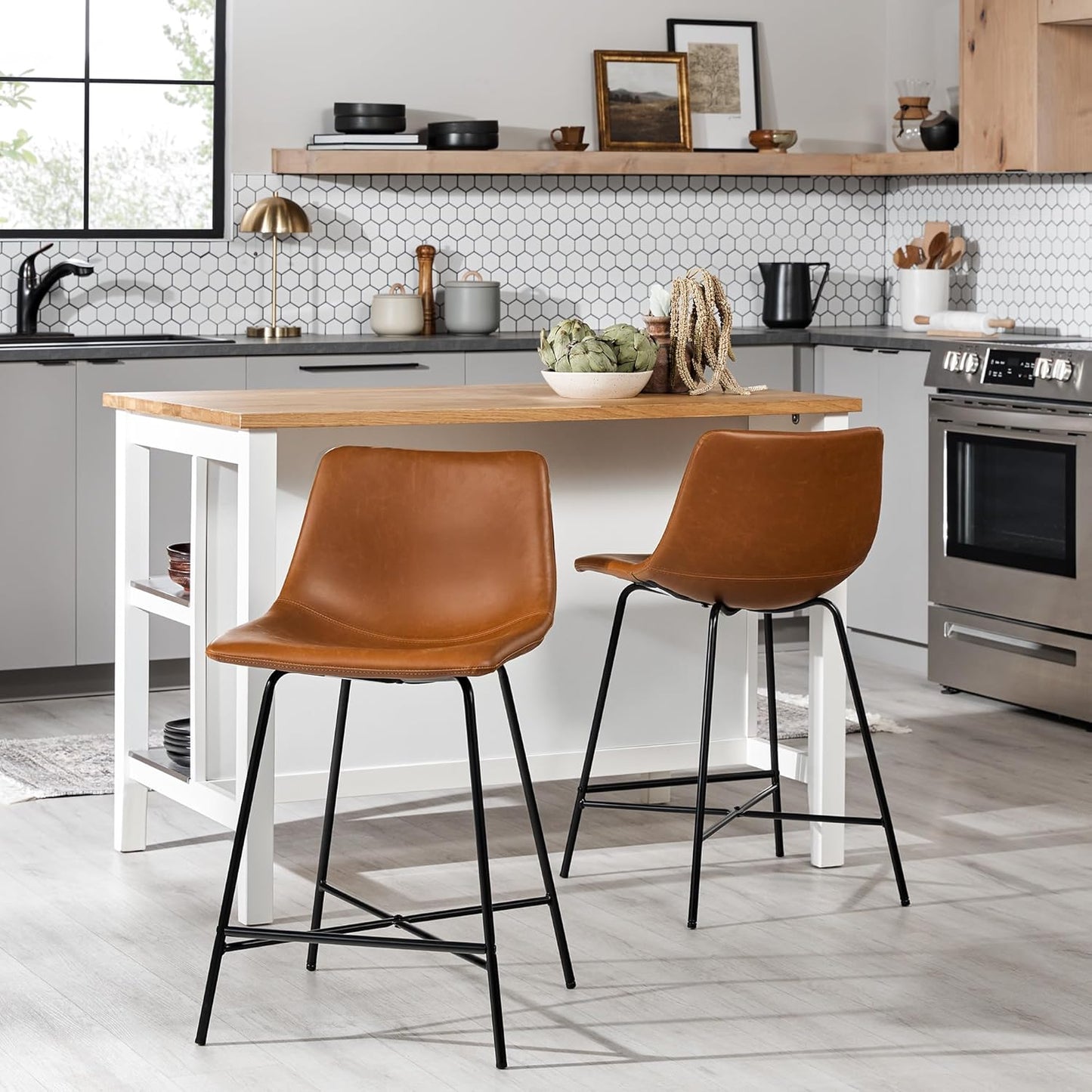 Xuma Modern Faux Leather Armless Low Back Counter Stool, Set of 2, Whiskey Brown