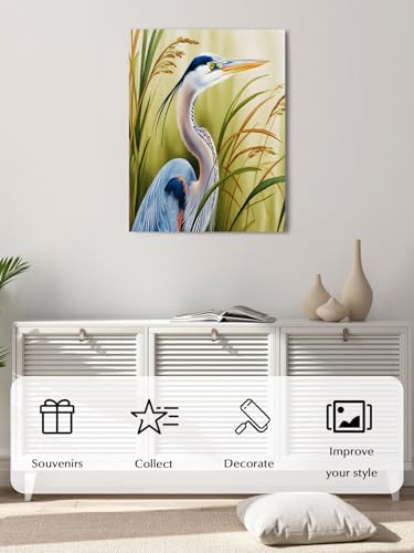 NuYeBiofx Natural Bird Wetland Landscape Canvas Wall Art Prints,40"x28" Framed Picture Artwork Wild Heron Grass Printed Canvas Oil Painting for Living Room Bedroom Office,Ready to Hang