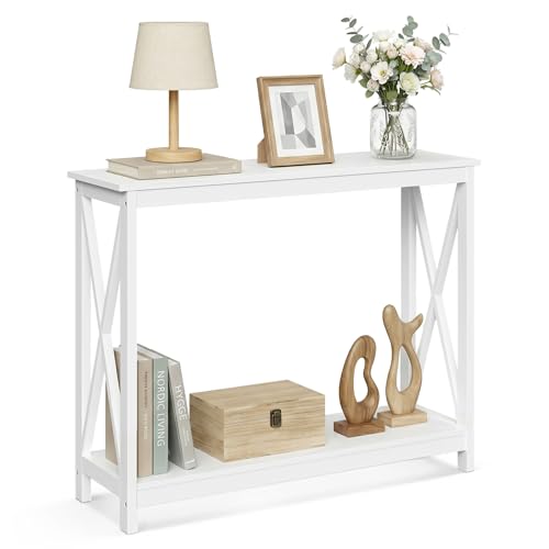 Console Table 39.5”, 2-Tier Narrow Sofa Side Table with Storage Shelf, Entrance Table for Hallway/Foyer/Living Room/Corridor/Office, White