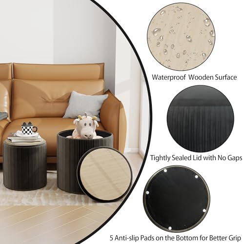 Round Ottoman with Storage Set of 2, Upholstered Velvet Storage Ottoman, Vanity Stool for Makeup, Foot Rest for Living Room, Bedroom, Black