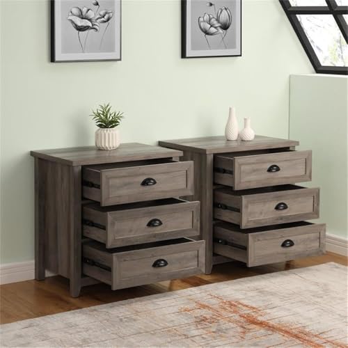 Hazel 2-Piece Modern Farmhouse 3 Drawer Framed Nightstand with Half-Moon Handles Set of 2 Grey Wash