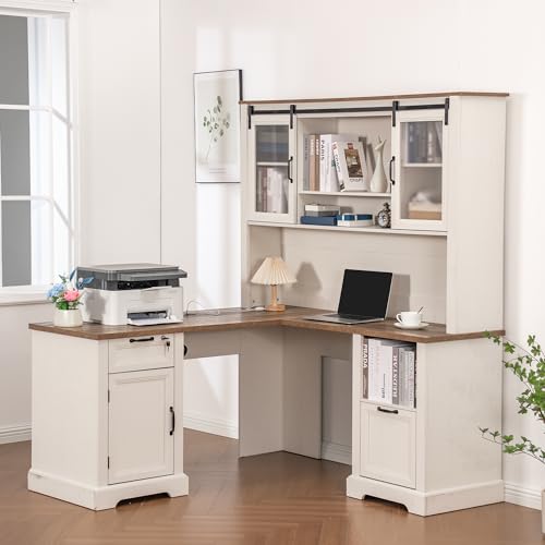 60" Farmhouse L Shaped Desk with Hutch, Executive Desk with Lockable Drawers, view 2