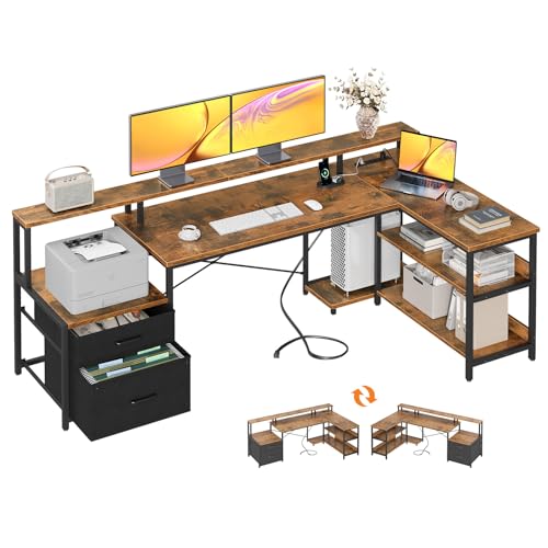 75" L Shaped Desk with File Drawers, Work from Home Office Desk with Power Outlet, Reversible Computer Desk with Storage Shelves, Gaming Desk with Monitor Shelf, Corner WFM Table, Vintage
