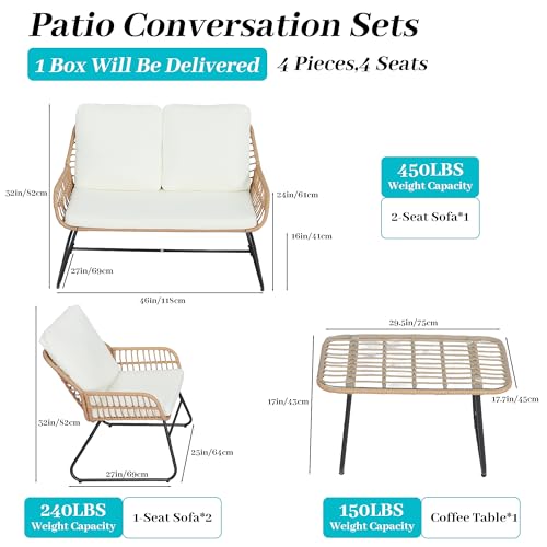 EortheX 4 Pieces Outdoor Patio Furniture Set,Patio Conversation Set,Rattan Wicker Bistro Sets with Loveseat Chairs and Modern Coffee Table for Backyard Deck Balcony and Garden Lounge Spaces - Beige