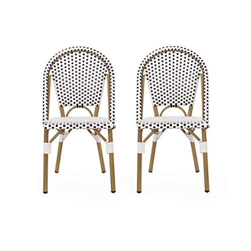 Philomena Outdoor French Bistro Chair (Set of 2), Black + White + Bamboo Print Finish