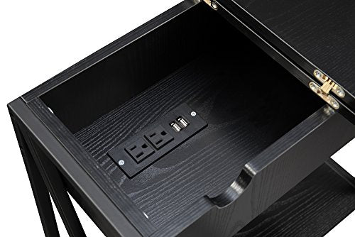 Tucson Flip Top End Table with Charging Station 23.75" - Modern Living Room Table with Storage Shelf, Side Table Side Table, Black/Black