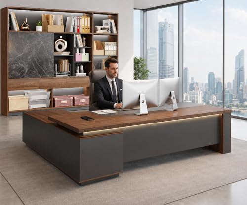 63" Reversible L-Shaped Executive Desk with Drawers – Compact Office Computer Desk with Open Shelves, LED Lighting, Built-in Outlet & USB Ports for Home, Office, School (63" W x 63" D x 30" H)