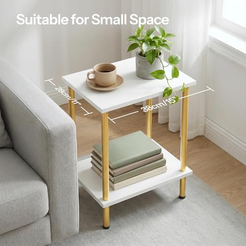 End Tables Set of 2, Small Side Table, Nightstand with 2-Layer Storage Shelves, Sofa Table for Small Spaces, Living Room, Bedroom, Stable Frame, Easy Assembly, White and Gold DW09BZP201