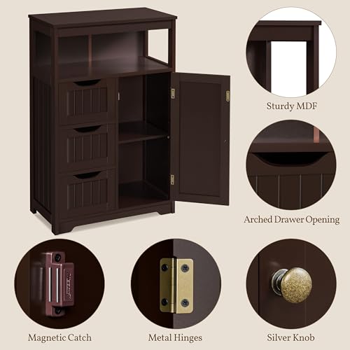Yaheetech Wood Bathroom Floor Cabinet with 3 Drawers &1 Cupboard, Free Standing Storage Organizer Hallway Entryway Cabinet for Living Room Kitchen, Espresso