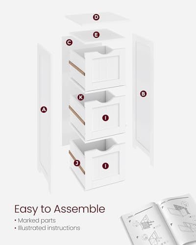 VASAGLE Floor Storage Cabinet, Freestanding Storage Unit with 3 Drawers, 11.8 x 12.6 x 31.9 Inches, for Bathroom, Living Room, Kitchen, Modern Style, Matte White UBBC050WH01S