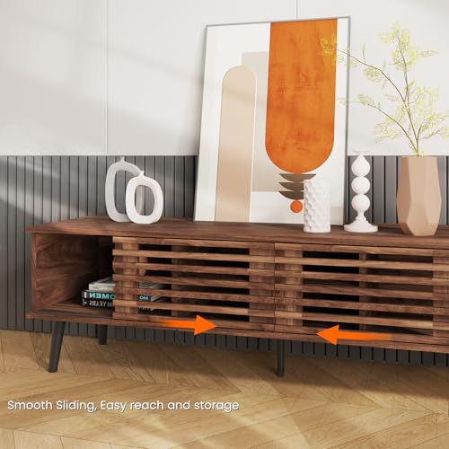 52" Mid Century Modern TV Stand for 50-60 inch TV - Walnut Brown | Farmhouse TV Console with Slatted Sliding Doors, Small Entertainment Center with Spacious Storage for Living Room, Apartment