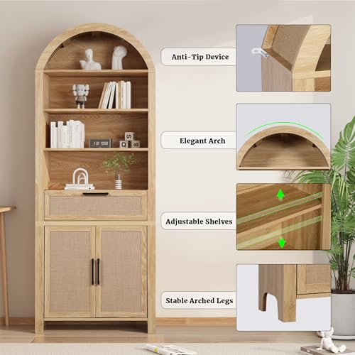 79" Tall Arched Bookcase with Storage, Mid Century Modern 6-Tier Cabinet with Door, Arched Bookshelf with Open Display Shelf for Office Living Room (Natural, 79inch-Doors)