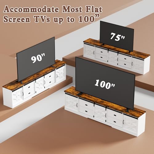 98" Farmhouse TV Stand for 100+ Inch TVs Entertainment Center with Storage Cabinets Large Mid Century Modern Media Console Table TV Cabinet for Living Room,Bedroom,White and Brown