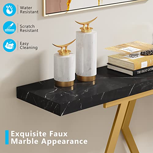 Tribesigns 70.9 Inch Extra Long Sofa Table,Black and Gold Console Table with Faux Marble Tabletop, Modern Long Entryway Table with Gold Frame