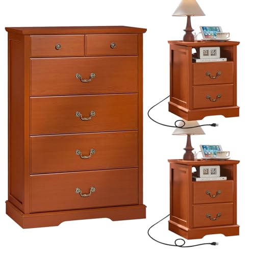 Farmhouse Dresser and Nightstand Sets 3 Piece, Wood 47" Tall 6 Chest of Drawers & Rustic 18" Night Stand Set of 2 with Charging Station, Furniture Dressers Set for Bedroom, Home Living Room