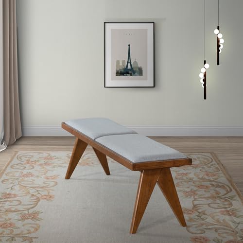 Solid Wood Bench with Grey Fabric Upholstery and Walnut Colored Legs, 51.18 x 14.17 inches