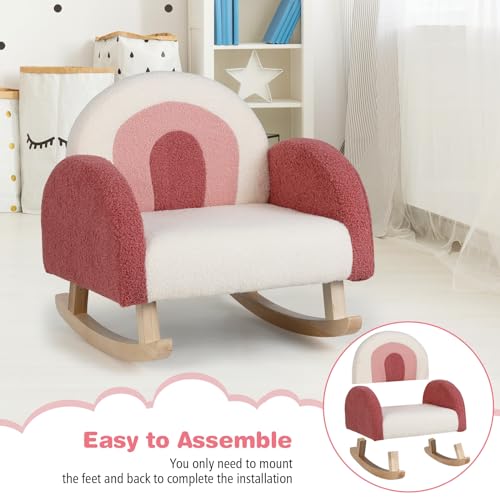 Toddler Rocking Chair, Kids Rocker with Solid Wood Frame & Plush Fabric, Anti-Tipping Design, Toddler Couch for Kids Room, Playroom, Nursery, Bedroom (Red)