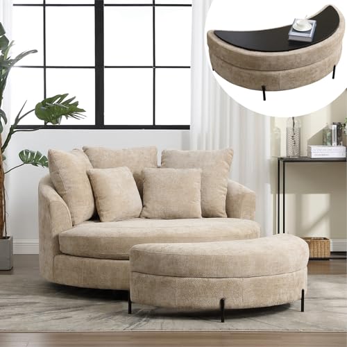59.8" W Oversized Accent Barrel Chair Large Round Chair with Ottoman & Movable Wheels,Wheat