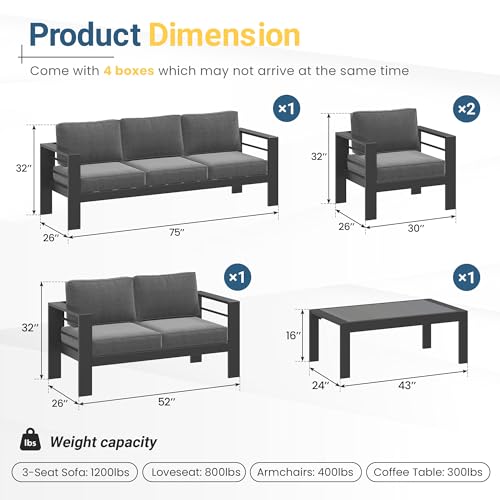 Aluminum Patio Furniture Set for All Weather, Oversized Metal Outdoor Furniture Set with 27.5" Deep Seating and 3.2" Wide Armrest, Outdoor Patio Conversation Sets with 10" Back Suport Cushion