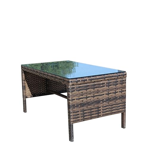 Coffee Table Outdoor Patio Furniture, Tempered Glass Top, Wicker Design, Brown, 30.75x17.5x15 Inch, Water Resistant, Assembly Required