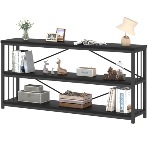 63" Black Low Horizontal Bookcase, Modern Long Wood Metal 3 Tier Book Shelf, Farmhouse Vintage Big Open Sturdy Bookshelf, Simple Large Wide Etagere for Home Living Room Office Bedroom, Black Oak