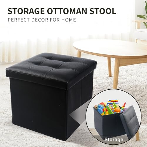 Storage Ottoman, Foldable Foot Rest Stool, 13x12x12 Inches Small Leather Bench with Storage, Holds up to 260 lb, for Living Room, Bedroom, Dorm, Black