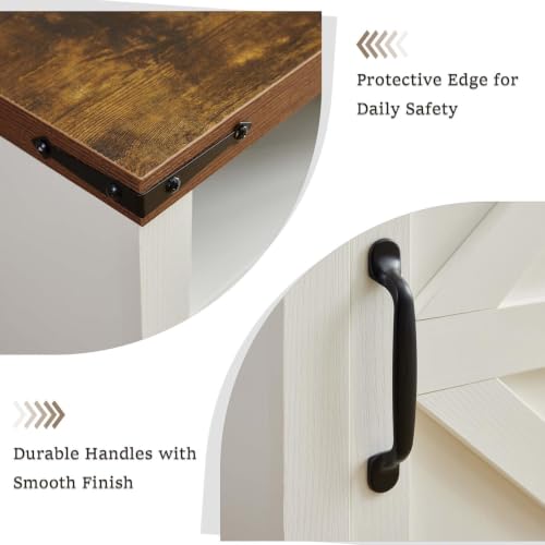 White Farmhouse End Table with Charge Set of 2, Rustic Nightstand with Barn Door and Shelf, Bedside Table with Charging Station for Living Room, Bedroom