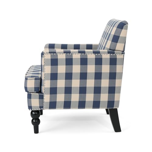 Eve Modern Upholstered Club Chair, Wooden Living Room Accent Chair, Comfy Bedroom Reading Chair, Multifunctional Armchair, Blue Checkerboard