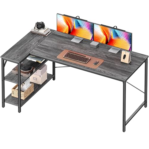 L Shaped Desk, 55 Inches Computer Desk with Reversible Storage Shelves, for Gaming Corner Home Office Writing Study, Metal Frame, Gray