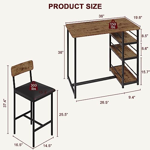 Dining Table Set for 2, Kitchen Table and Upholstered Chairs for 2, 3 Piece Counter Height Bar Table Set with 3 Large Storage Shelves for Small Space, Apartment, Studio, Rustic Brown
