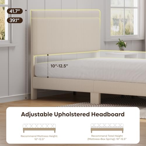 Queen Bed Frame Beige with LED Lighting, view 7