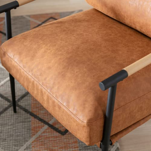 Mid-Century Accent Chair, Soft Armchair PU Leather Lounge Chair with Black Metal Legs, Upholstered Leisure Chair for Living Room Bedroom Reception Room, 1PC, Brown