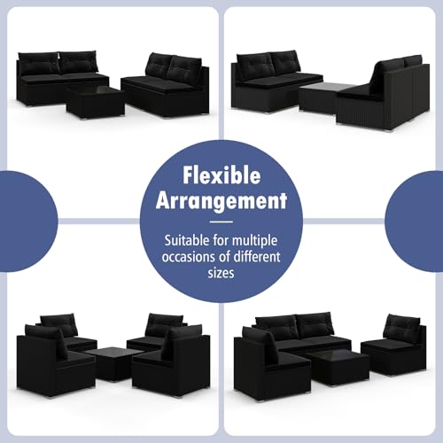 5 Piece Rattan Sofa Set, Outdoor Wicker Furniture Set w/Seat & Back Cushions, Square Coffee Table, Patio Sectional Sofa Set for Backyard, Poolside, Garden (Black)