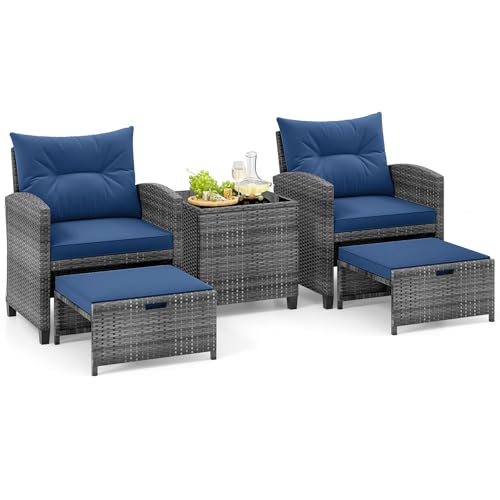 5 Pieces Patio Conversation Set, PE Wicker Rattan Outdoor Furniture Set with 2 Chairs, 2 Ottomans & Tempered Glass Coffee Table, Ideal for Poolside, Backyard, Lawn, Deck, Mix Grey & Navy