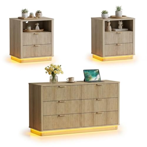 Dresser and Nightstand Sets 3 Piece, Bedroom Set with Charging Station, Large 6 Drawer Dresser for Bedroom and Night Stand Set of 2, Mid Century Modern Bedroom Furniture Set with Motion Sensor Lights