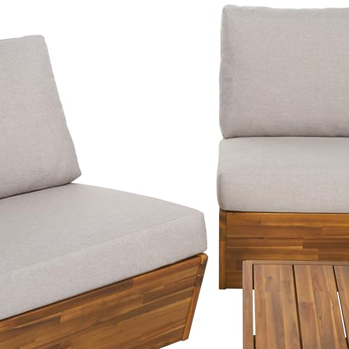 SAFAVIEH Outdoor Patio Furniture - Dune 4-Piece Set - Sand & Light Grey - Acacia Wood - Rustic, Conversation Set with Detachable Cushion Covers - Ideal for Patio, Deck, Porch, Backyard (PAT9516B-KIT3)