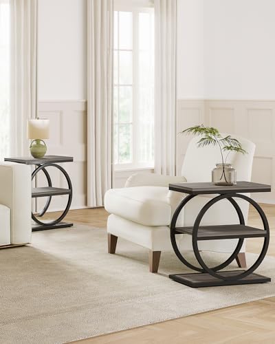 End Table, 3-Tier Side Table, Slim Sofa Side Table for Living Room, Tall Bedside Table Nightstand for Bedroom, Grey and Black